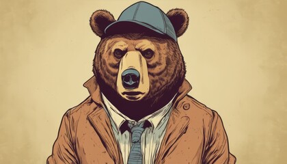 A cartoon bear wearing a hat and a trench coat