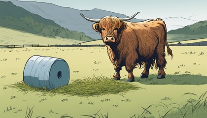 A cow standing in a field next to a blue barrel