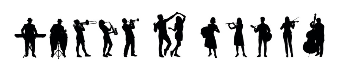 A couple dancing accompanied by music played by a group of musicians in party vector silhouettes. Couple dancing on the street to music of musician buskers silhouettes.  - obrazy, fototapety, plakaty