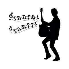 Male guitarist playing acoustic guitar with musical notes vector silhouette.