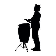 Musician hitting playing conga drum side view black silhouette.