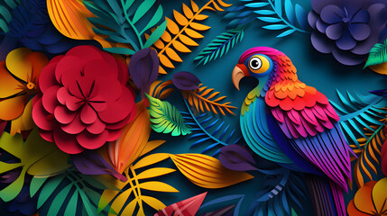 Obraz premium parrot on a branch, colorful paper, red flower, forest of parrot
