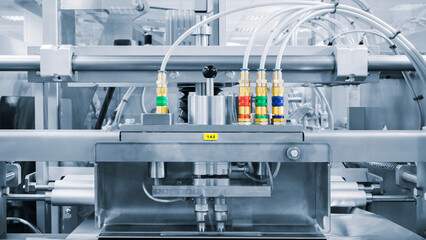 Automatic packaging conveyor line in pharmaceutical factory, pharmaceutical industrial concept...