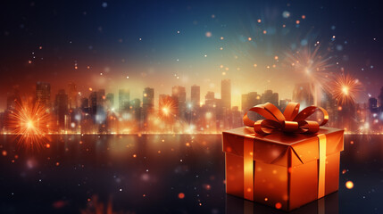 Giftbox in front of the city,newyear concept. Generative ai. - obrazy, fototapety, plakaty