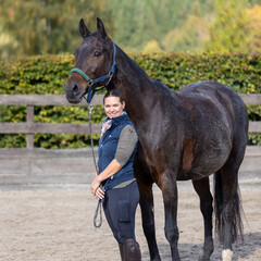 Horse with a halter on a rope in the riding arena, rider stands in front of the horse and looks...