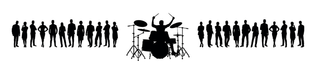 Street musicians playing drum performing in front of group of people vector black silhouettes.