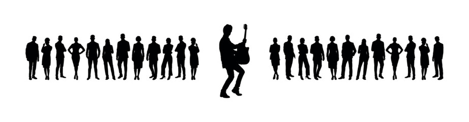 Street musician playing guitar performing in front of large group of people audience vector silhouettes. - obrazy, fototapety, plakaty