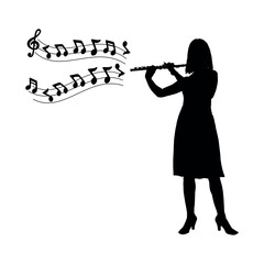 Woman musician playing flute with musical notes symbol vector black silhouette. - obrazy, fototapety, plakaty