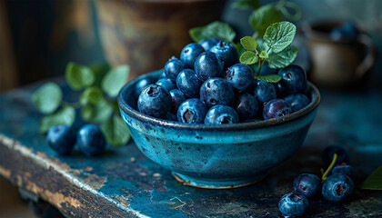 Freshly picked blueberries in blue bowl. Juicy and fresh blueberries with green leaves on rustic table. Bilberry on wooden Background. Blueberry antioxidant. Concept for healthy eating and nutrition - obrazy, fototapety, plakaty