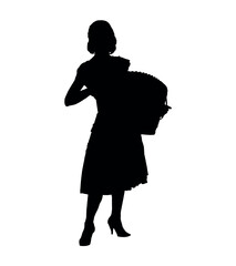 Young woman playing accordion vector black silhouette.