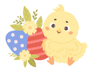 Cute little chick with Easter eggs. Vector illustration. Kids holiday collection.