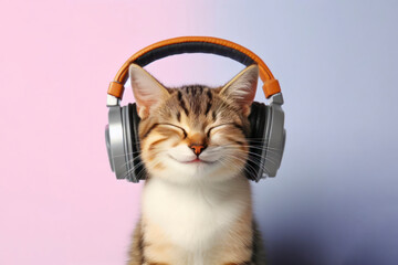 Happy cat in headphones on a pastel background. ai generative