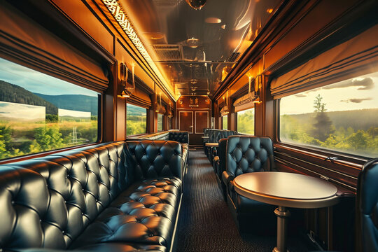 First Class Railway Elegance: Retro vintage Luxury Train Interior with black leather Couch, Chairs, and Tables, Ideal for Premium Travel Concepts and VIP Commutes with Copy Space