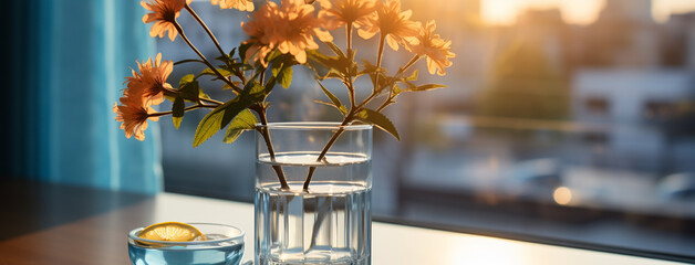 Wide panoramic pfacebook banner photo of a flower vas and a clear glass of water near a window with...