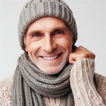 smiling elderly man in a knitted scarf and hat on solid color background. ai generative