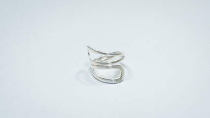 Vintage silver ring in Karen style, Handmade tribal silver jewelry on white background