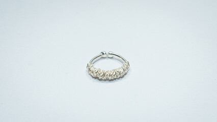 Vintage silver ring in Karen style, Handmade tribal silver jewelry on white background