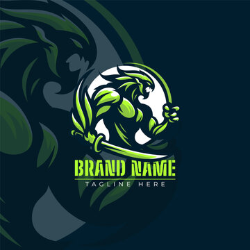 Green monster vector logo illustration. Scary creature mascot logo on dark blue background.