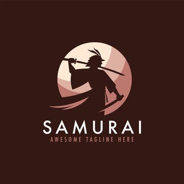 Samurai logo vector illustration. Japanese warrior mascot emblem for game team.