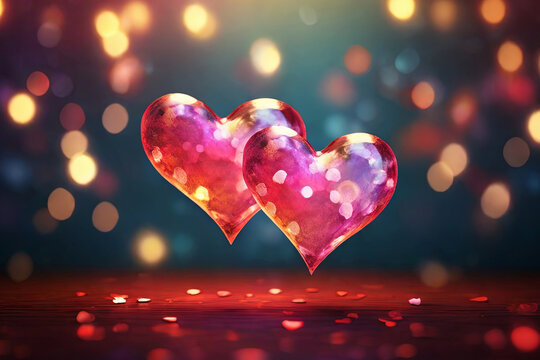 Vibrant bokeh hearts Ideal for Valentine's cards and romantic designs. Love filled stock photo.