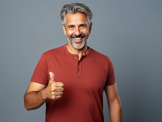 A handsome mature man confidently smiling and giving a thumbs up to the camera, solid color background, banner with copy space