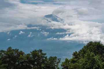 View of mont Agung covered with clouds. View from Lempuyang temple, Bali, Indonesia.