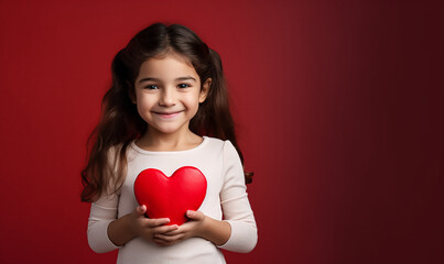 A smiling little girl holding a red heart, with copy space, banner. Conceptual image for sponsorship - obrazy, fototapety, plakaty