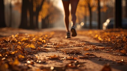 Close-up of the legs of a woman jogging in the park.