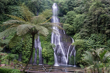 Banyumala waterfall on cloudy day. Wanagiri, Bali, Indonesia.