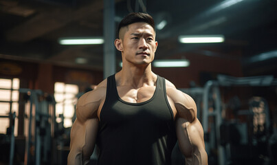 Obraz premium Asian male bodybuilder, muscular, robust, and well-defined physique