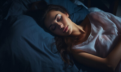 Overhead shot of a woman sleeping comfortably, bed advertisement material, promoting restful sleep