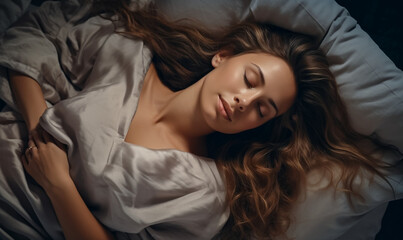 Fototapeta premium Overhead shot of a woman sleeping comfortably, bed advertisement material, promoting restful sleep