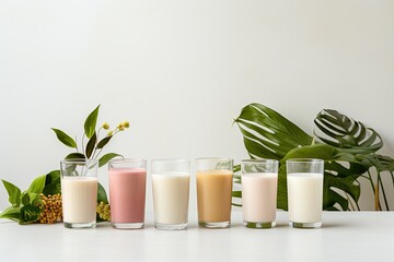 Set of various vegan milk almond, soy, rice, coconut, quinoa, brazil nut, cashew, oat. Dairy free, plant based drink, AI Generated - obrazy, fototapety, plakaty