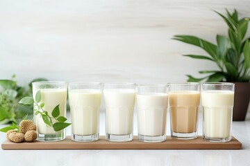 Obraz na płótnie Canvas Set of various vegan milk almond, soy, rice, coconut, quinoa, brazil nut, cashew, oat. Dairy free, plant based drink, AI Generated