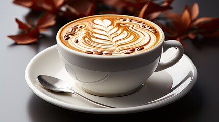 Hot latte or cappuccino coffee with art in a ceramic white cup and saucer, highlighted on a white background, generative AI