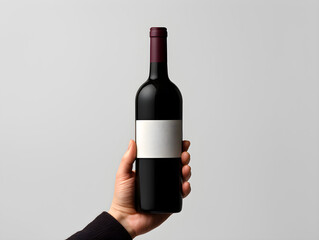 Wine bottle mockup with a hand holding a bottle of red wine