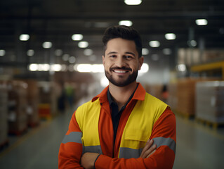 A confident warehouse manager smiling at the camera, e-commerce storage facility