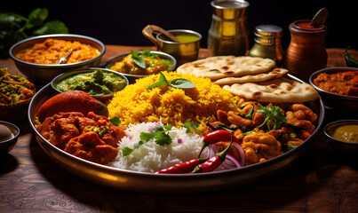 Delicious Indian cuisine featuring flatbreads, a variety of curries, and rice