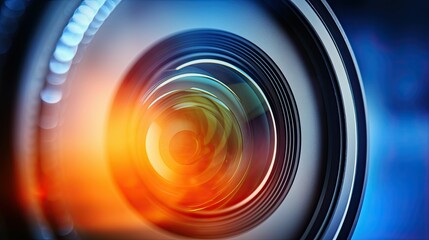 Close-up shot of a DSLR lens aperture with colored highlights. - obrazy, fototapety, plakaty