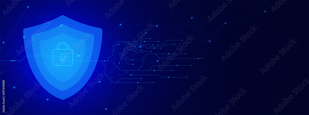 Poster network protection and cyber security concept with shield and padlock in futuristic polygonal. digit