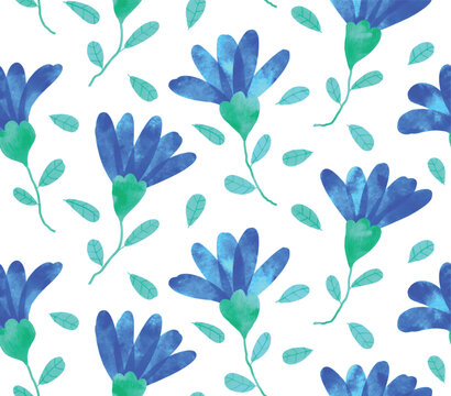 Watercolor flowers vector seamless pattern on white background.
