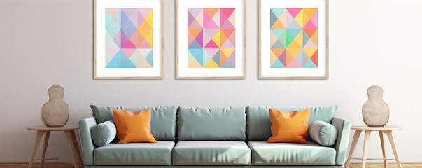living room with modern sofa, geometric image frame on wall.