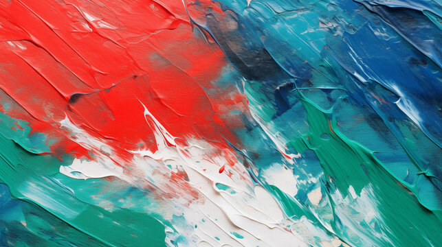 Closeup of abstract rough red blue green painting texture, with oil brushstroke, pallet knife paint on canvas, seamless pattern, copy paste area for texture