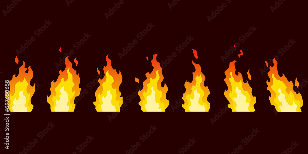 Poster fire animation sprites. set of red and orange fire flame. flames of different shapes. collection of 