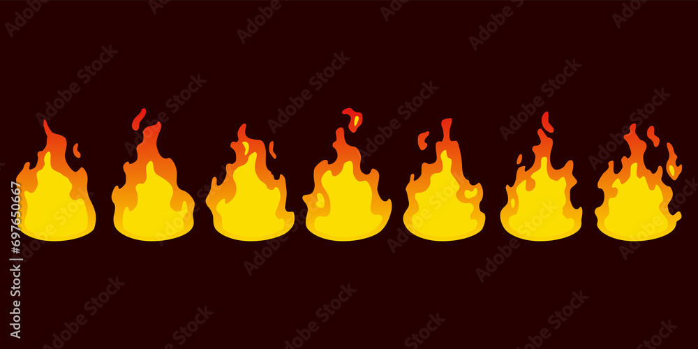 Poster fire animation sprites. set of red and orange fire flame. flames of different shapes. collection of 