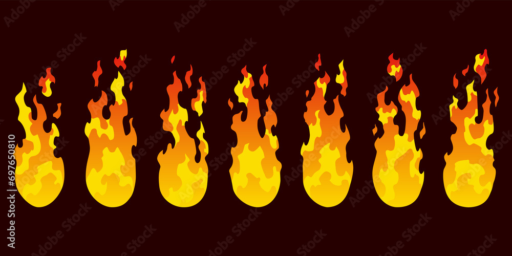Poster fire animation sprites. set of red and orange fire flame. flames of different shapes. collection of 