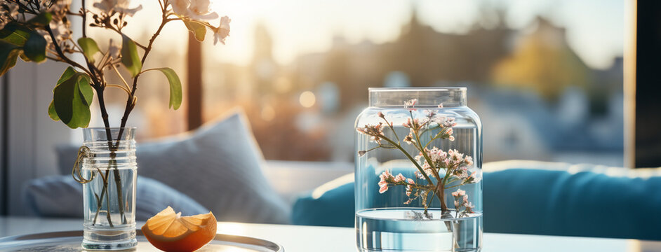 Wide panoramic photo of a flower vas and a clear glass of water near a window with beautiful flower bunch and blurred background on a cozy hotel bedroom table    