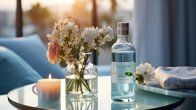 Wide photo of a flower vas and a clear glass of water near a window with beautiful flower bunch and blurred background on a cozy hotel bedroom table    