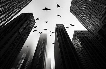 Silhouettes and Skyscrapers: Birds Glide in the City Sky