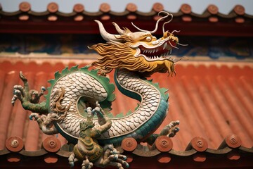 Obraz premium chinese dragon statue on castle roof for weifang kite festival in china